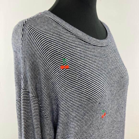 SUNDRY Blue White Stripe Embroidered Cherries Crew Neck Long Sleeve Knit Top 3 L - Picture 5 of 8